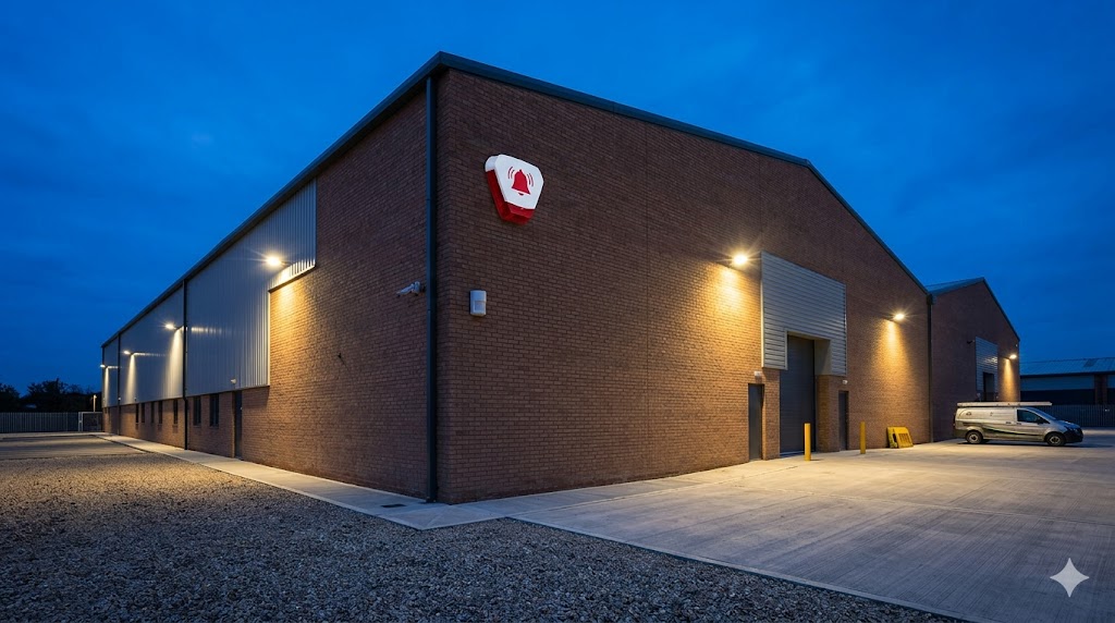 Commercial warehouse at dusk with security lighting and alarm bell box